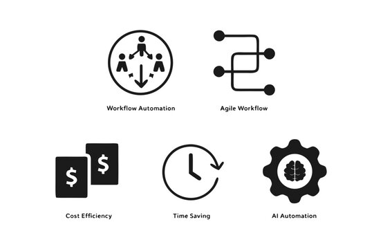 Workflow optimization and efficiency solid icon set. Featuring workflow automation, agile workflow, cost efficiency, time saving, and ai automation. Editable vector glyphs for work and productivity.