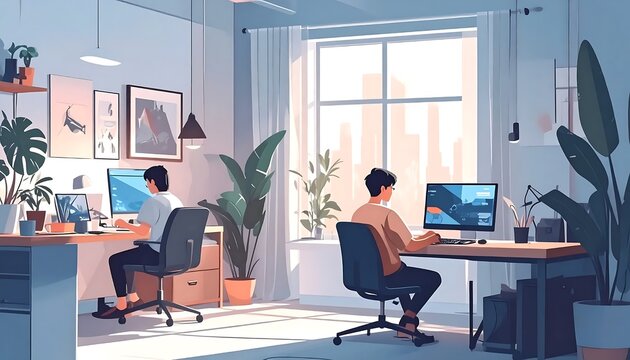 Two professionals collaborating in modern office space.