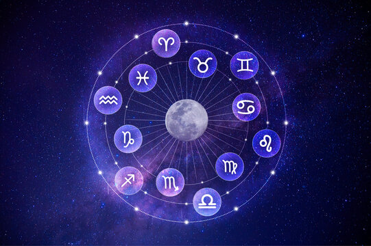 A Western astrological circle containing the 12 zodiac symbols against a beautiful, colorful star-filled space background. Vector illustration.