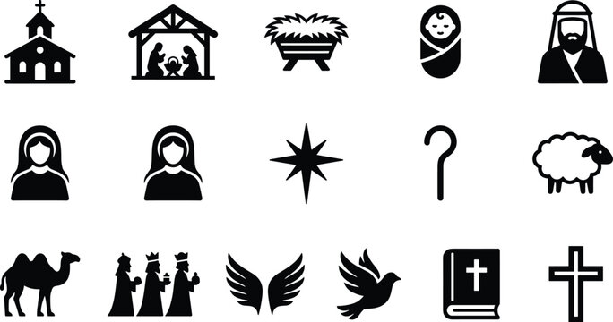 Set of black and white christmas nativity icons featuring characters and symbols of the birth of baby jesus in a simple style