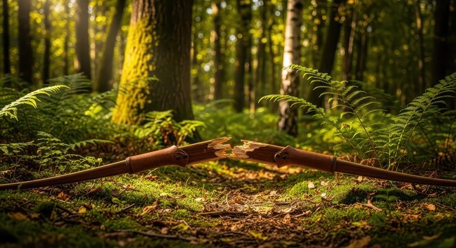 A Broken Wooden Longbow in a Sunlit Forest Clearing
