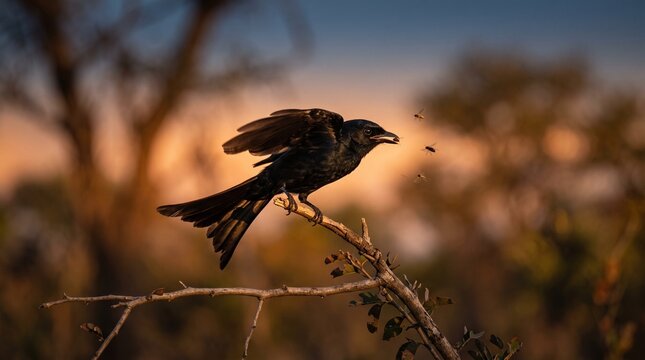 A Fork-tailed Drongo perches on a favourite branch and ends the day pouncing on a few more unsuspecting insects.
