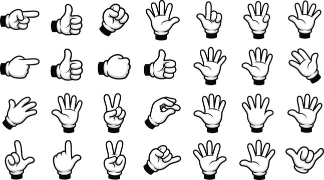 Cartoon White Gloved Hands Poses Black and White Illustration Collection