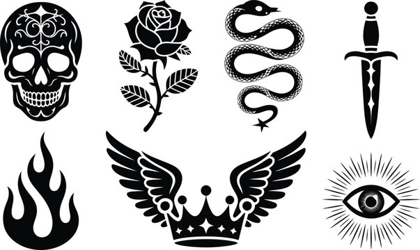 Traditional old school tattoo designs set including decorative skull rose snake dagger winged crown and eye with illustration collection ornamental decorative traditional