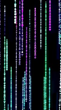 Colorful programming code streams on an empty black background, vertical video featuring futuristic digital data, cyber technology and glowing coding effects