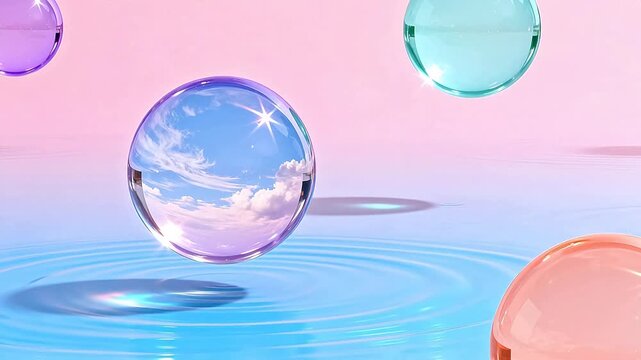 Colorful glass spheres reflecting sky
