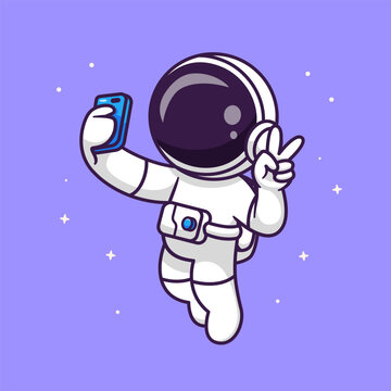 Cute Astronaut Taking Selfie With Phone In Space Cartoon