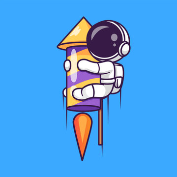 Cute Astronaut Flying With Fireworks Cartoon 