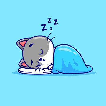 Cute Cat Sleeping With Blanket Cartoon 