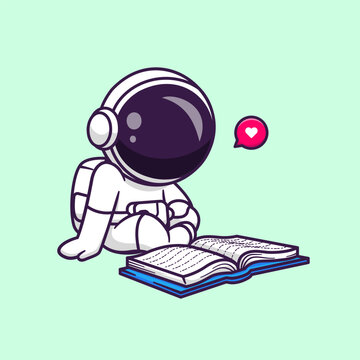 Cute Astronaut Reading Book Cartoon
