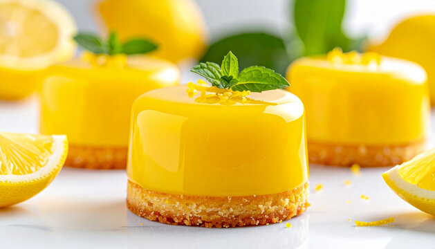 Lemon curd cake with glossy citrus glaze and zest texture close up