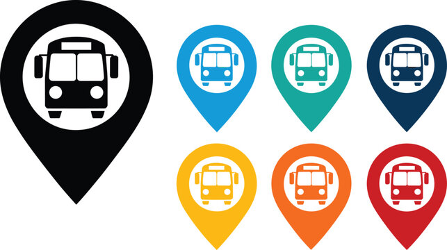 Bus stop map pointer location pin vector icon set in multiple colors isolated on white background for travel design