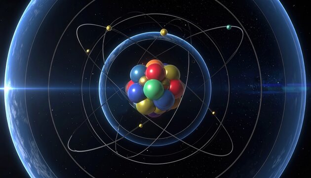 Abstract Atom Model with Colorful Nucleus and Orbital Electrons, Science Concept