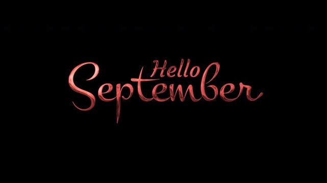 Metallic rose gold script text greeting hello september against stark black background for digital greetings, social media posts, and invitations.