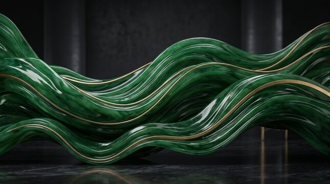 Luxury Abstract Flowing Liquid Emerald Green and Brushed Brass Gold 3D Background
