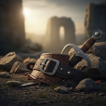 A discarded sword and belt with a buckle, abandoned in ancient ruins at sunset.