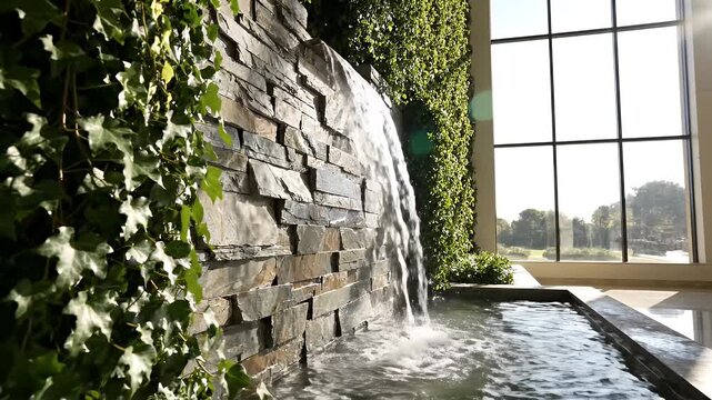 Indoor Stone Waterfall with Lush Greenery and Large Windows - A stunning indoor water feature showcases a cascading stone waterfall that flows into a tranquil pool.