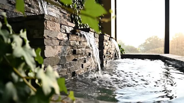 Serene Indoor Water Feature with Cascading Stone and Lush Ivy - An elegant indoor water feature showcases cascading water over a stacked stone wall, complemented by a vibrant green ivy backdrop.