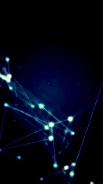 Blue data network with glowing dots and connecting light lines on a black background, vertical video featuring futuristic digital communication and technology visualization