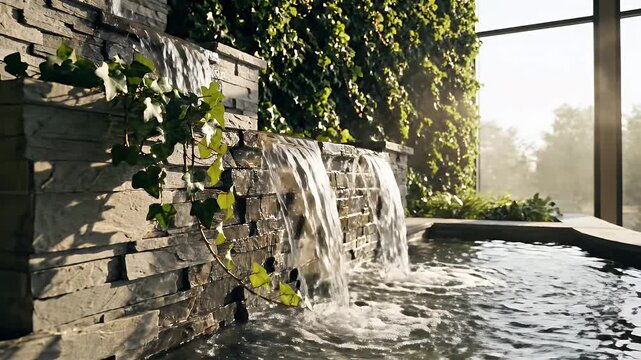 Indoor Stone Water Feature with Ivy Wall and Sunlight - A cascading stone waterfall flows into a tranquil pool within an indoor space, beautifully accented by a lush green ivy wall and illuminated by