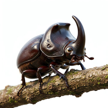 A 3D cartoon image of a rhinoceros beetle on a tree branch against a white background.