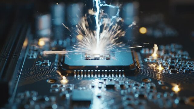 Electronic Sparks Fly From Microchip Circuit Board - A dramatic close-up shot shows electric sparks and a bright light emanating from the central processing unit of a computer circuit board.