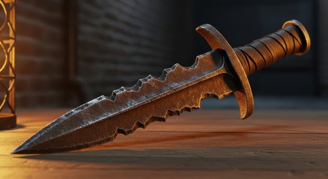 A Rusty Iron Dagger with a Chipped, Serrated Blade