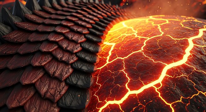 Close up of lava dragon scales and molten magma.