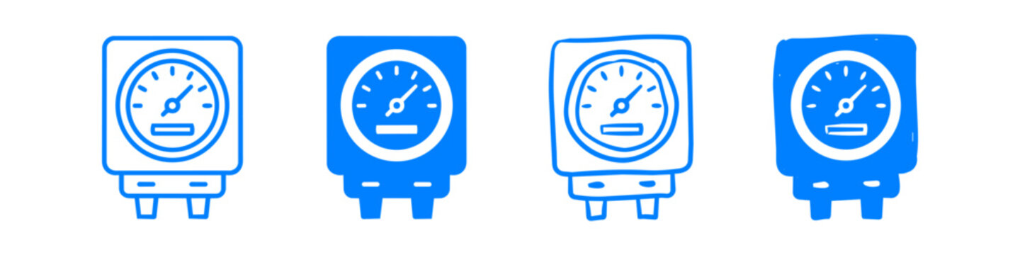Set of four blue analog meter icons in line, solid, and hand-drawn styles. Ideal for electrical, industrial, or dashboard designs.
