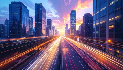 Fototapeta premium Cityscape Highway Lights Motion Blur at Sunset