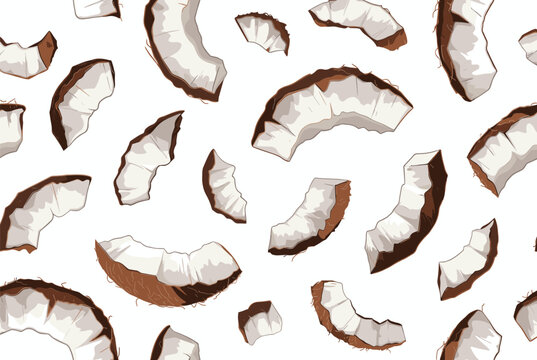 Seamless pattern featuring various pieces of cracked coconut with dark brown husks and bright white meat on a plain field.