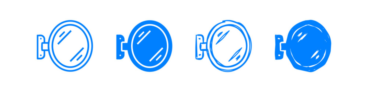Set of four blue circular wall-mounted sign icons in various styles, from clean vector to hand-drawn. Ideal for shop signage, business branding, and cafe identity design concepts.