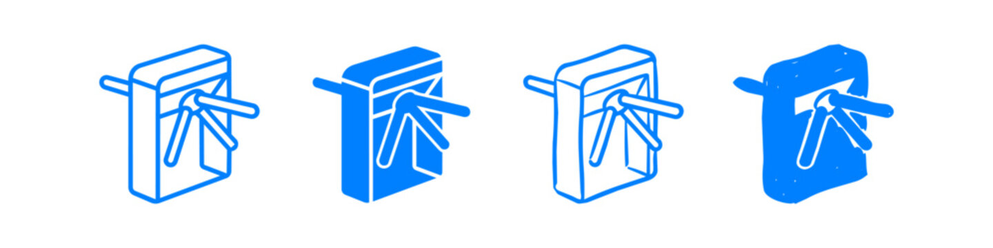 Set of four blue turnstile icons in linear, flat, and hand-drawn styles for security and access control concepts.