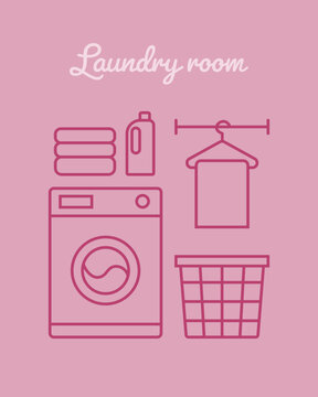 Laundry room vector illustration &ndash; washing machine, laundry basket, hanger, towels and detergent icons.