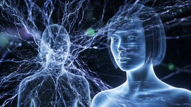Futuristic Neural Network Connecting Human Avatars - A futuristic scene depicting a glowing neural network connecting two abstract human avatars.