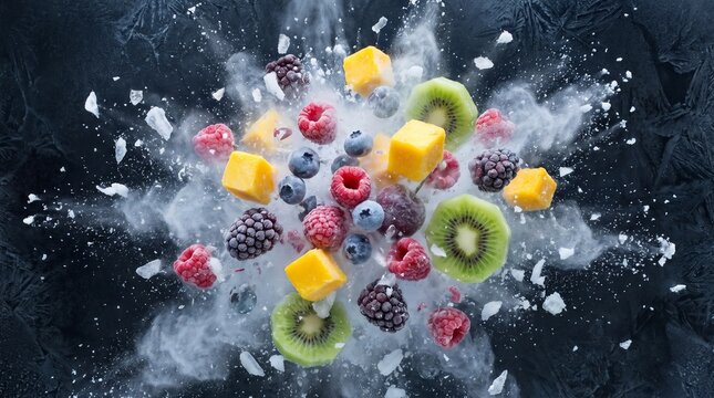 Vibrant frozen fruit cubes exploding in icy water with sparkling light