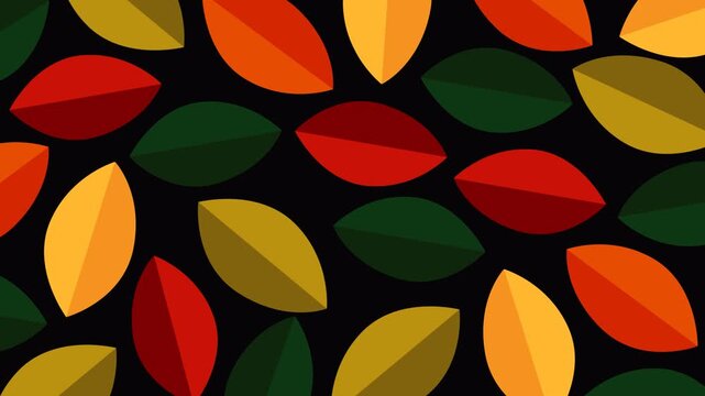 Seamless autumn leaf pattern featuring colorful red, orange, yellow, and green foliage on a black background. Perfect looping footage for seasonal videos, nature themes, presentations