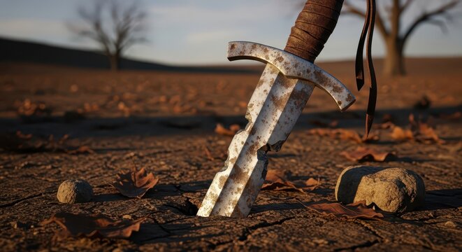 A Tarnished Iron Sword Stuck Deep in Dry, Cracked Earth