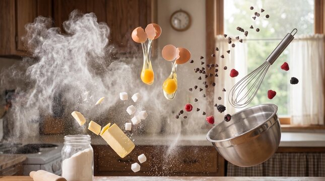 Ingredients for baking suspended mid air in kitchen with flour explosion