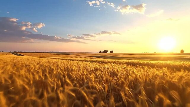A golden wheat field glows under a warm sunset sky