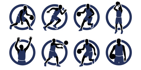 Athletes in various basketball poses with circular logo designs © Dhani