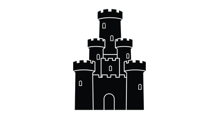 Detailed castle silhouette with multiple towers and arched entryway black on white silhouette © raisa