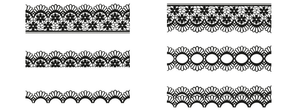 Set vector black funeral Lace Dividers isolated transparent background. Hand drawn funeral retro scallop tender collection. Retro Lace Frame pack. EPS 10
