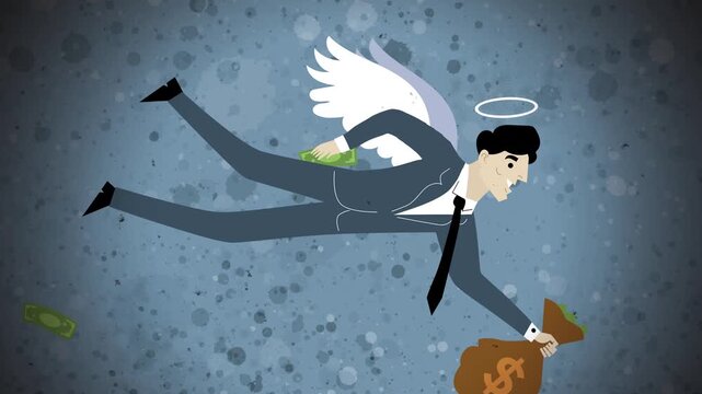 flying angel investor carrying a money bag and throwing banknotes