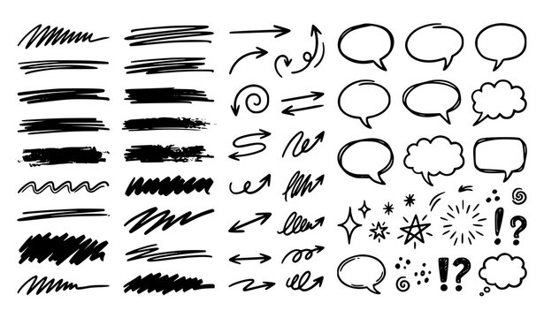 Hand Drawn Scribble Line Graphic Elements Set with Marker Brush Strokes Arrows Speech Bubbles and Doodle Sparkle Symbols for Vector Designs