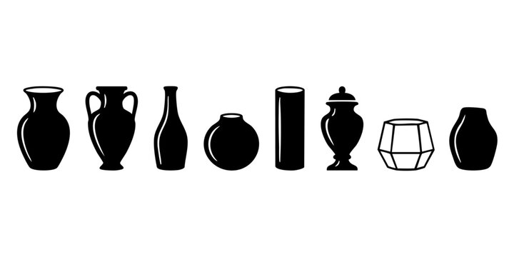 A collection of seven ancient and modern vases on display indoors