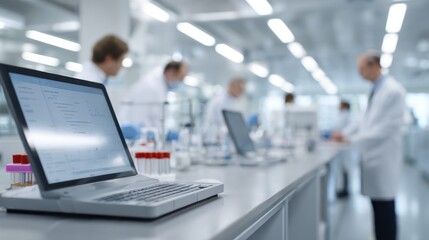 Fototapeta premium Modern laboratory with scientists analyzing data on laptop for research and development