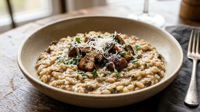 Mushroom risotto with grated cheese and parsley
