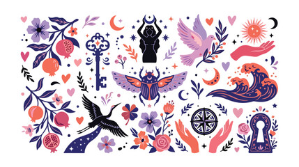 Obraz premium Mystical vector icon set, celestial and nature-inspired spiritual symbols, magic and witchcraft design elements, esoteric illustrations for branding and digital projects