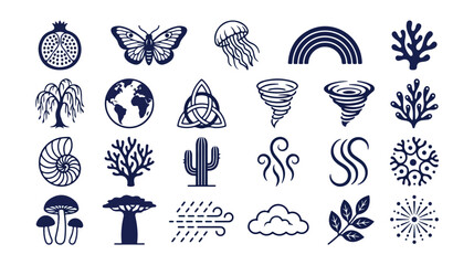Obraz premium Nature and Environment Vector Icon Set, 25 Minimalist Blue Icons, Earth Elements, Weather, Plants, Animals, and Organic Shapes, for Eco-Friendly Design and Digital Projects